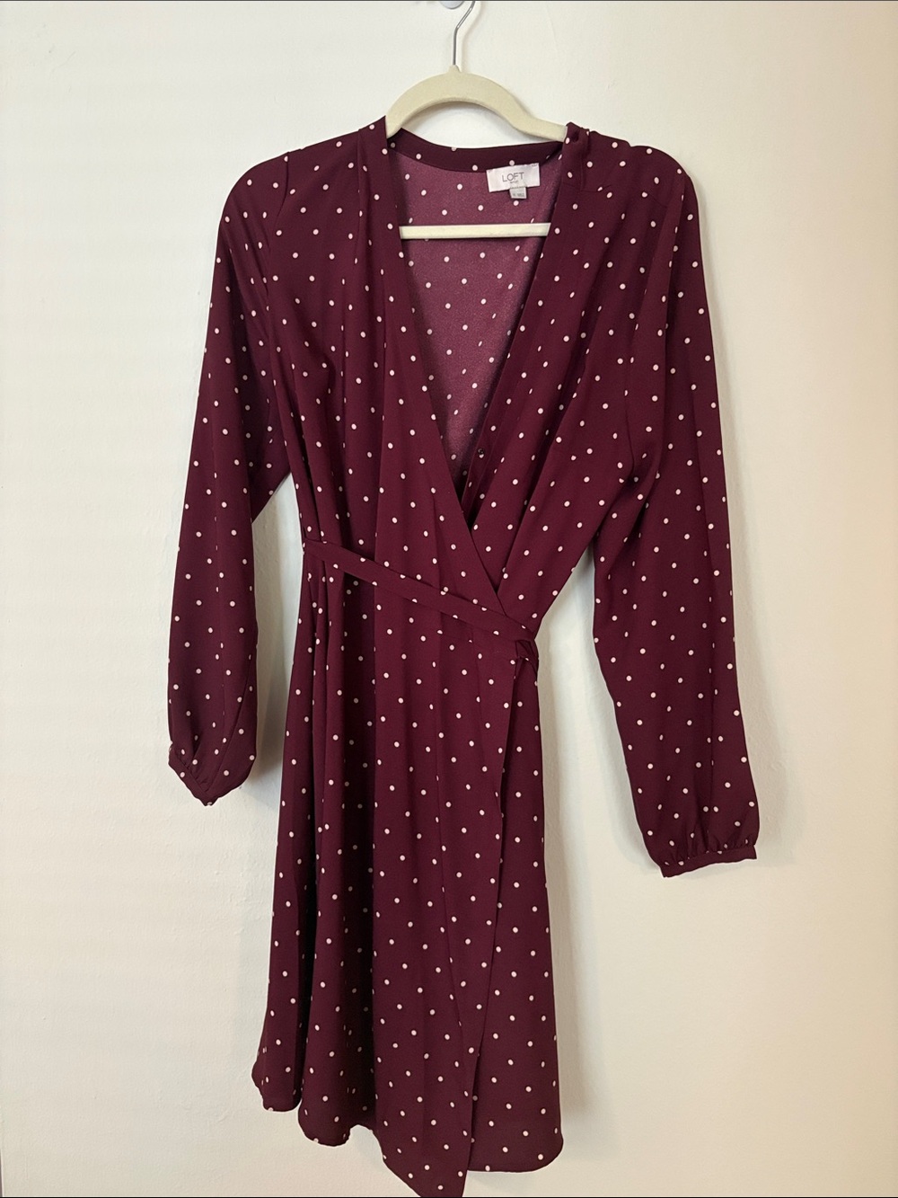 LOFT Burgundy and White Polka Dot Wrap Dress